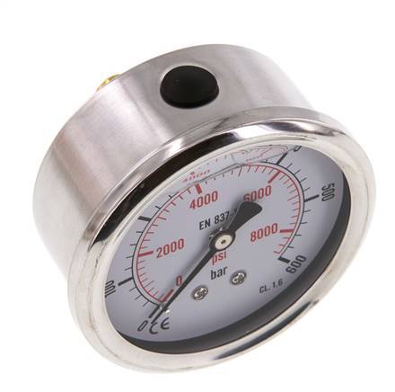 0..600 Bar (0..8702 psi) Glyzerin-Manometer Rückseite Edelstahl/Messing 63 mm Klasse 1.6