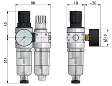 FRL 2-Part G1/8'' 700 l/min 0.1-3.0bar/1-44psi Auto (Closed Without Pressure) 40 mm Pressure Gauge Polycarbonate Multifix 0