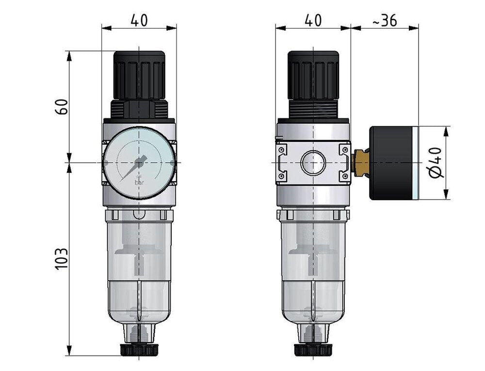 Filter-Regulator G1/4'' 1450 l/min 0.5-10.0bar/7-145psi Auto 40 mm Pressure Gauge Cylinder Lock Polycarbonate Multifix 0