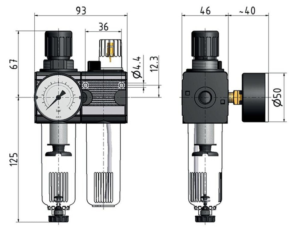FRL 2-Part G3/8'' 1200 l/min 0.5-10.0bar/7-145psi Auto Polycarbonate Multifix 1