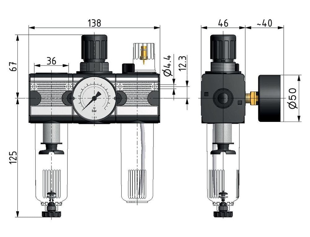 FRL 3-Part G3/8'' 1200 l/min 0.5-10.0bar/7-145psi Auto Metal Multifix 1