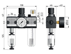 FRL 3-Teilig G3/8'' 1200l/min 0.5-10.0bar/7-145psi Halbautomatisch Polycarbonat Multifix 1