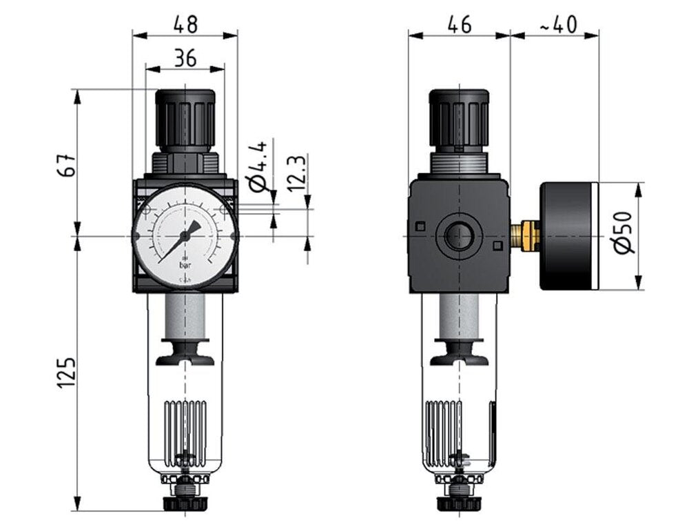 Filter-Regulator G3/8'' 1600l/min 0.1-3.0bar/1-44psi Halbautomatischer Schutzkäfig Polycarbonat Multifix 1
