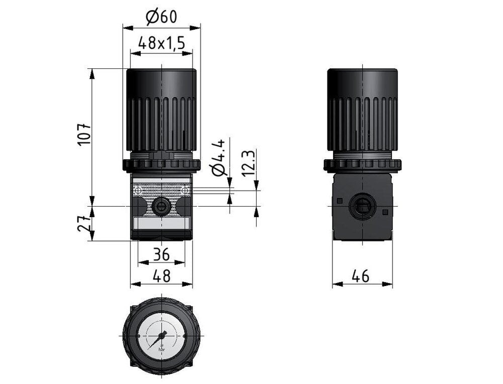 Druckregler G1/4'' 2100l/min 0.5-10.0bar/7-145psi Zinkdruckgussknopf mit Manometer Multifix 1