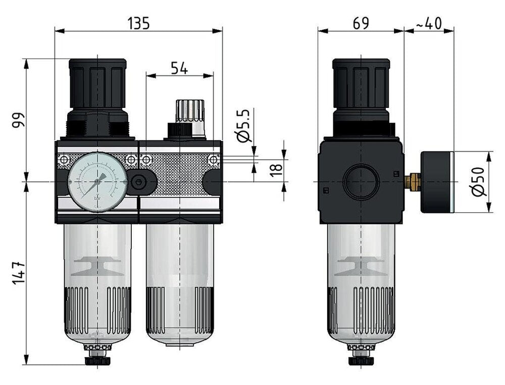 FRL 2-Teilig G1/2'' 5800l/min 0.5-16.0bar/7-232psi Halbautomatischer Zylinderriegel aus Polycarbonat Multifix 2