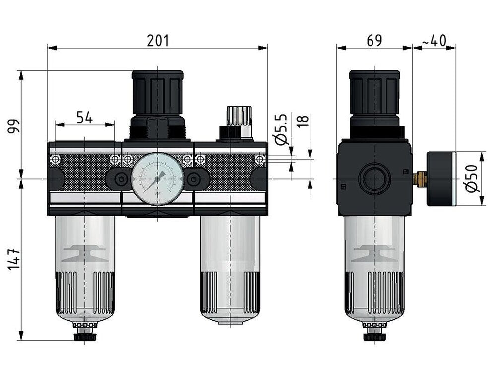 FRL 3-Teilig G1/2'' 5800l/min 0.5-10.0bar/7-145psi Auto Schutzkäfig Polycarbonat Multifix 2