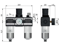 FRL 3-Teilig G1/2'' 5800l/min 0.5-10.0bar/7-145psi Auto Schutzkäfig Polycarbonat Multifix 2