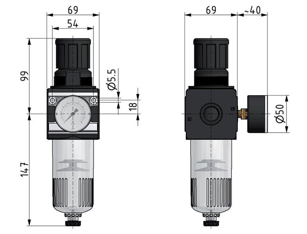 Filter-Regulator G1/2'' 6700 l/min 0.5-16.0bar/7-232psi Semi-Auto Metal Multifix 2