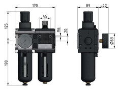 FRL 2-Part G1'' 12000 l/min 0.1-3.0bar/1-44psi Semi-Auto Polycarbonate Multifix 4