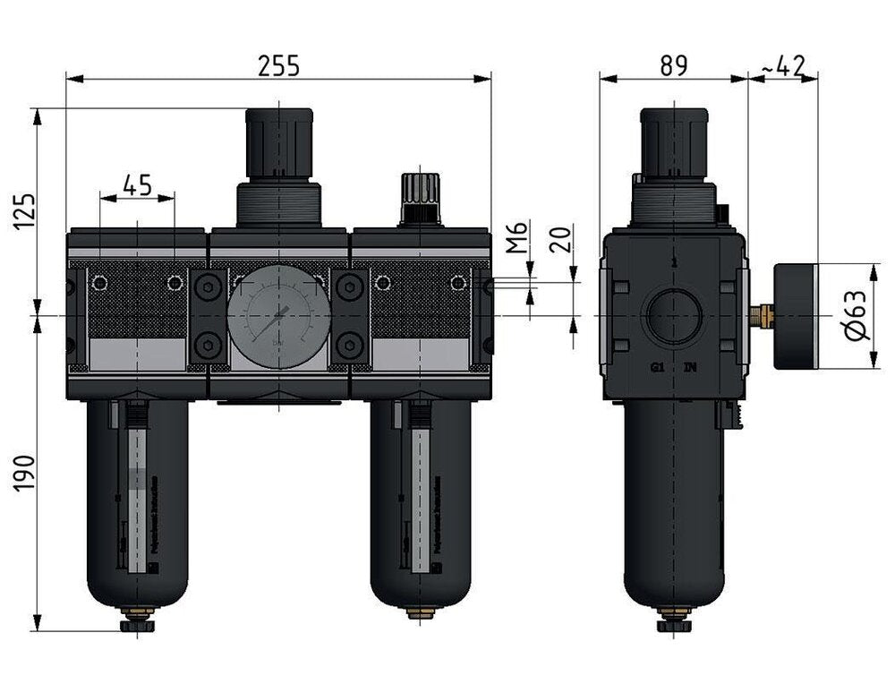 FRL 3-Teilig G3/4'' 12000l/min 0.5-10.0bar/7-145psi Semi-Auto Polycarbonat Multifix 4