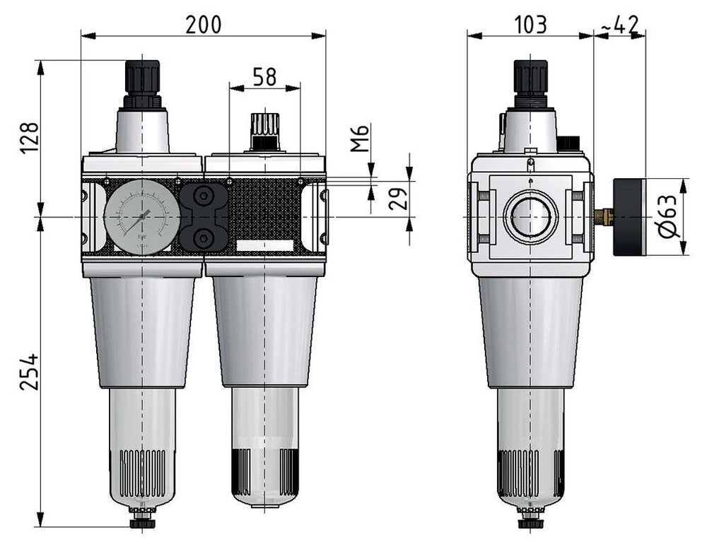 FRL G1'' 13500l/min 0,5-10,0bar/7-145psi Schutzkorb Multifix 5