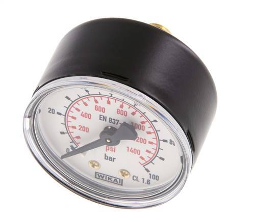 0..100 Bar Druck Manometer hinten Stahl / Messing 50 mm Klasse 1.6