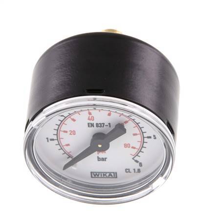 0..6 Bar Druck Manometer hinten Stahl / Messing 40 mm Klasse 1.6