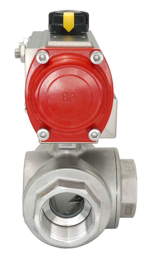 3-Way Pneumatic Ball Valve G1'' T-bore Brass Spring Closing