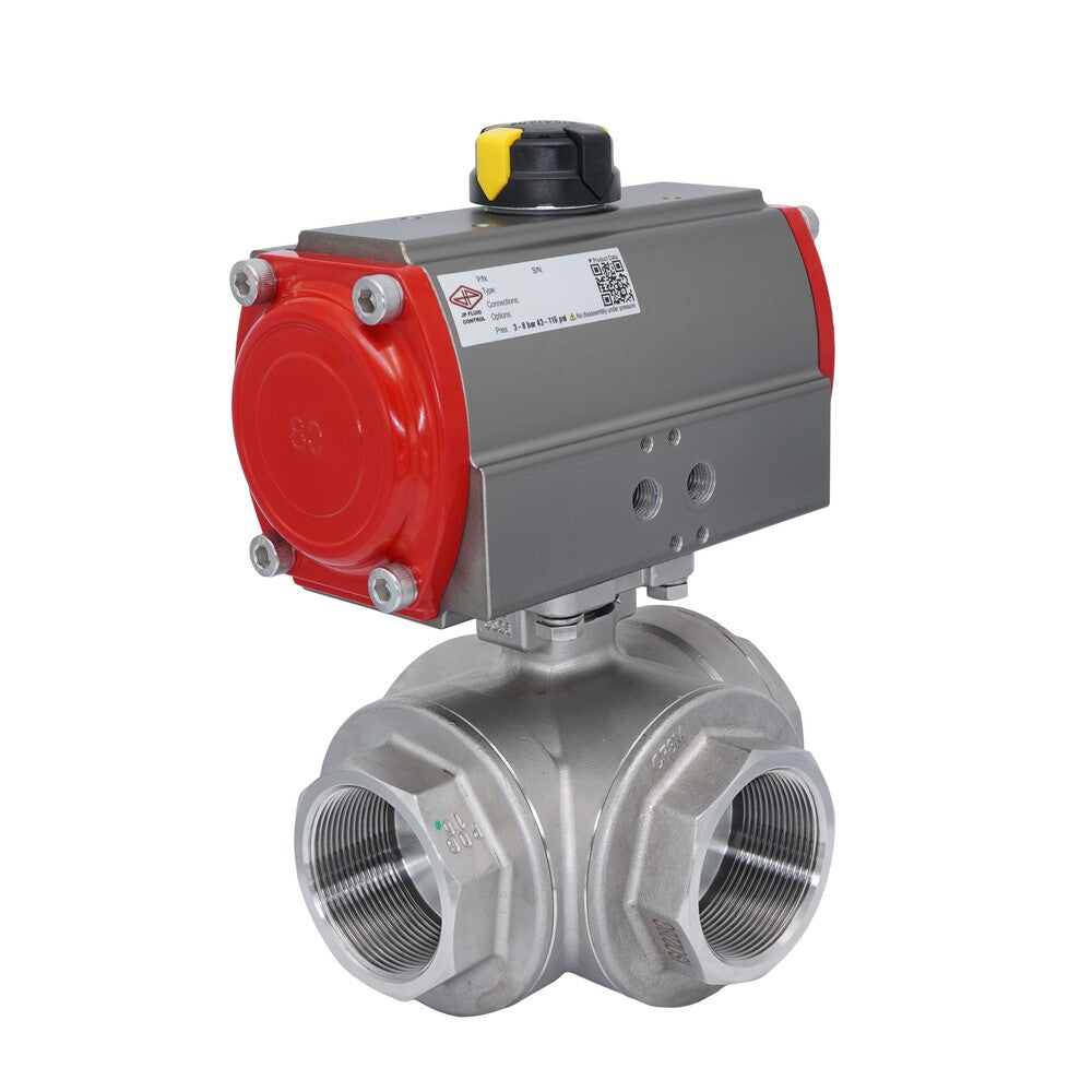 3-Way Pneumatic Ball Valve G2 1/2'' L-bore Stainless Steel Spring Closing