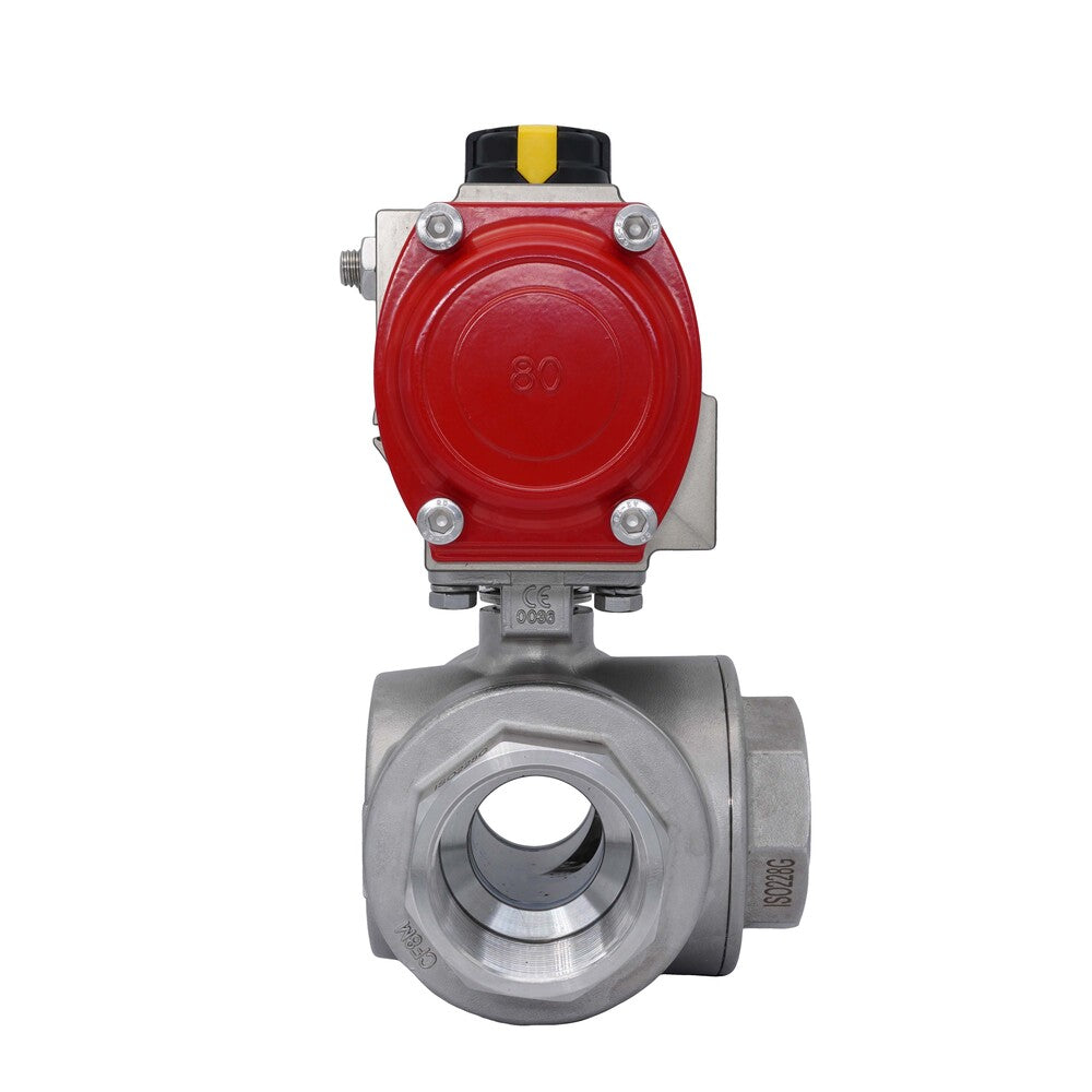 3-Way Pneumatic Ball Valve G2 1/2'' T-bore Stainless Steel Spring Closing