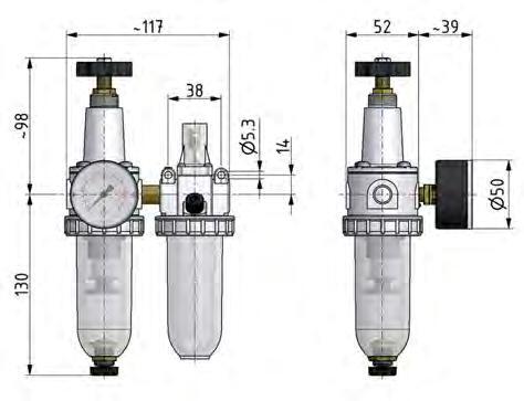 FRL 2-Teilig G1/4'' 600l/min 0.5-10.0bar/7-145psi Semi-Auto Metall Standard 1