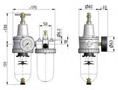 FRL 2-Part G1/2'' 2100 l/min 0.5-10.0bar/7-145psi Semi-Auto Polycarbonate Standard 3