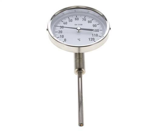 0 bis +120°C Bimetall-Thermometer aus Edelstahl 100mm Gehäuse 100mm Schaftboden
