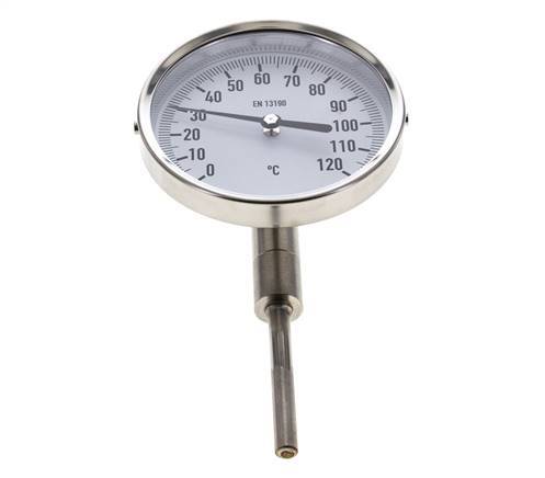 0 bis +120°C Bimetall-Thermometer aus Edelstahl 100mm Gehäuse 63mm Schaftunterseite