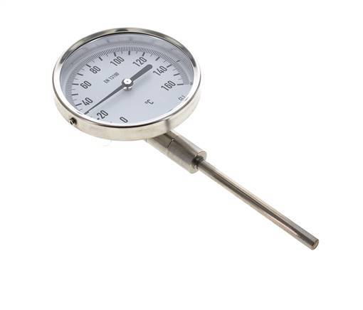 0 bis +160°C Bimetall-Thermometer aus Edelstahl 100mm Gehäuse 100mm Schaftboden
