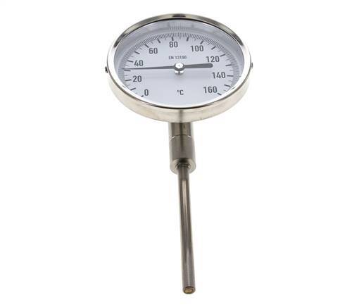 0 bis +160°C Bimetall-Thermometer aus Edelstahl 100mm Gehäuse 100mm Schaftboden