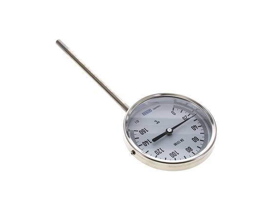0 bis +160°C Bimetall-Thermometer aus Edelstahl 100mm Gehäuse 160mm Schaftunterseite