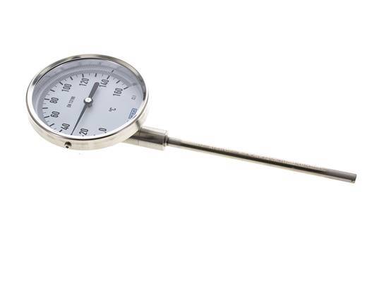 0 bis +160°C Bimetall-Thermometer aus Edelstahl 100mm Gehäuse 160mm Schaftunterseite