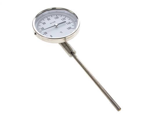 0 bis +160°C Bimetall-Thermometer aus Edelstahl 100mm Gehäuse 160mm Schaftunterseite