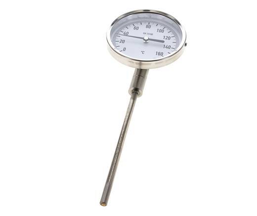 0 bis +160°C Bimetall-Thermometer aus Edelstahl 100mm Gehäuse 160mm Schaftunterseite