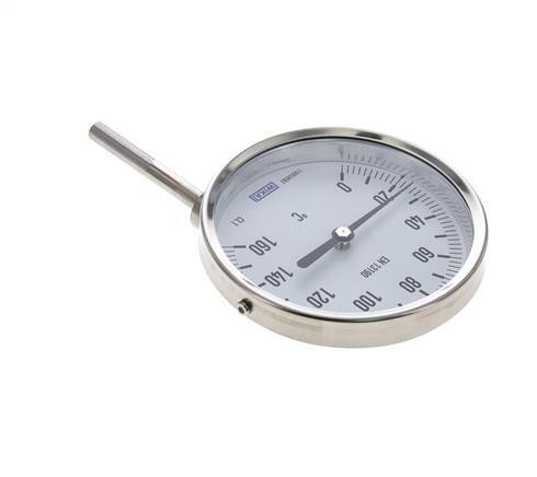 0 bis +160°C Bimetall-Thermometer aus Edelstahl 100mm Gehäuse 63mm Schaftunterseite
