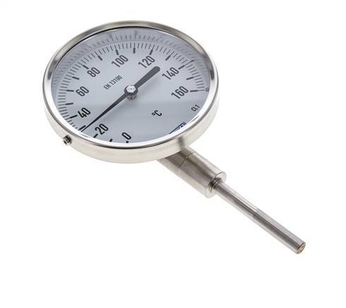 0 bis +160°C Bimetall-Thermometer aus Edelstahl 100mm Gehäuse 63mm Schaftunterseite