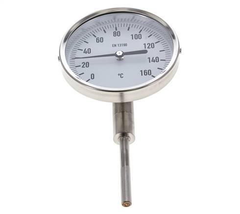 0 bis +160°C Bimetall-Thermometer aus Edelstahl 100mm Gehäuse 63mm Schaftunterseite