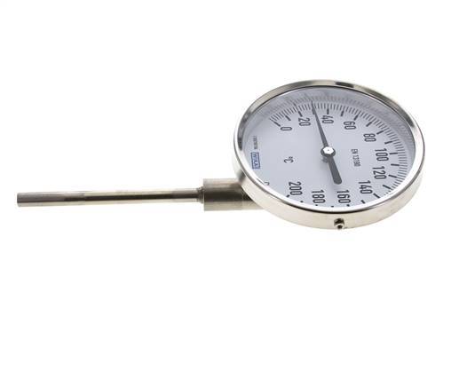 0 bis +200°C Bimetall-Thermometer aus Edelstahl 100mm Gehäuse 100mm Schaftboden