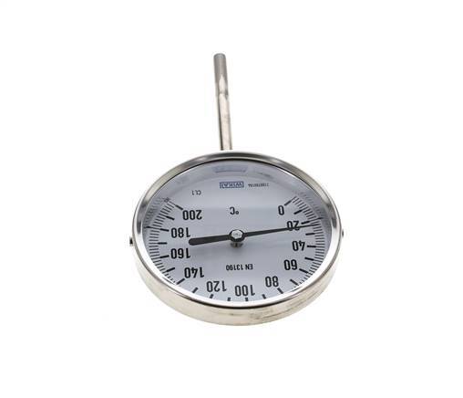 0 bis +200°C Bimetall-Thermometer aus Edelstahl 100mm Gehäuse 100mm Schaftboden