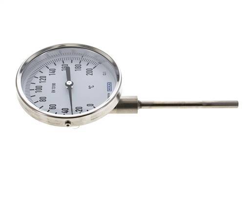 0 bis +200°C Bimetall-Thermometer aus Edelstahl 100mm Gehäuse 100mm Schaftboden