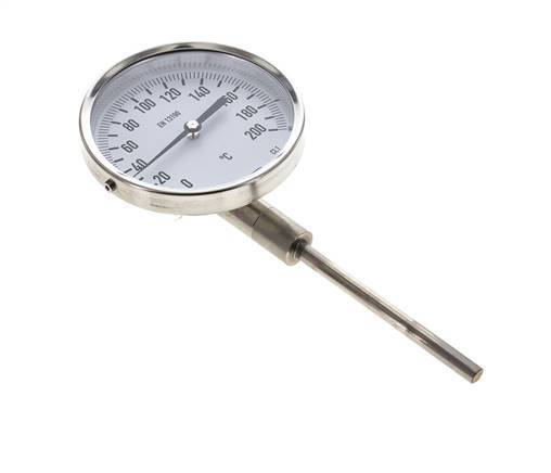 0 bis +200°C Bimetall-Thermometer aus Edelstahl 100mm Gehäuse 100mm Schaftboden