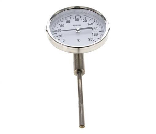 0 bis +200°C Bimetall-Thermometer aus Edelstahl 100mm Gehäuse 100mm Schaftboden