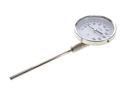 0 bis +200°C Bimetall-Thermometer aus Edelstahl 100mm Gehäuse 160mm Schaftunterseite