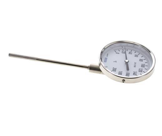 0 bis +200°C Bimetall-Thermometer aus Edelstahl 100mm Gehäuse 160mm Schaftunterseite