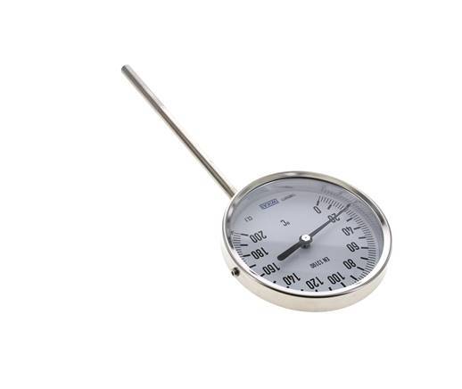 0 bis +200°C Bimetall-Thermometer aus Edelstahl 100mm Gehäuse 160mm Schaftunterseite