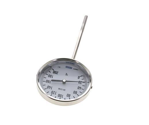 0 bis +200°C Bimetall-Thermometer aus Edelstahl 100mm Gehäuse 160mm Schaftunterseite