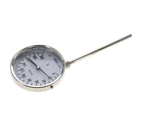 0 bis +200°C Bimetall-Thermometer aus Edelstahl 100mm Gehäuse 160mm Schaftunterseite