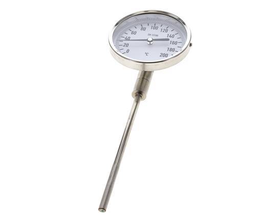0 bis +200°C Bimetall-Thermometer aus Edelstahl 100mm Gehäuse 160mm Schaftunterseite