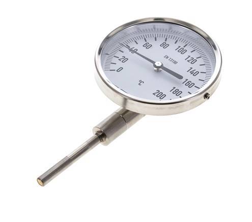 0 bis +200°C Bimetall-Thermometer aus Edelstahl 100mm Gehäuse 63mm Schaftunterseite