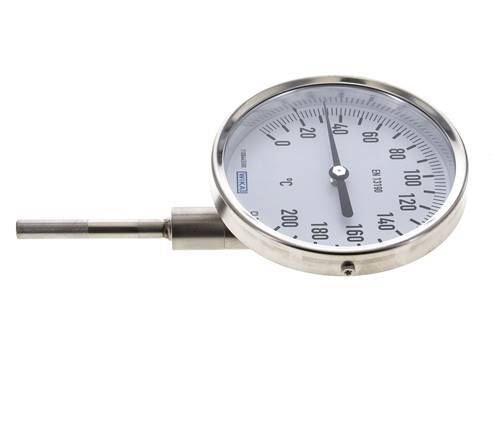 0 bis +200°C Bimetall-Thermometer aus Edelstahl 100mm Gehäuse 63mm Schaftunterseite
