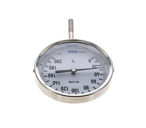0 bis +200°C Bimetall-Thermometer aus Edelstahl 100mm Gehäuse 63mm Schaftunterseite