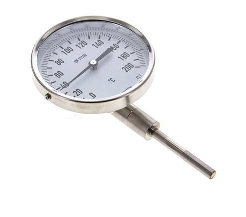 0 bis +200°C Bimetall-Thermometer aus Edelstahl 100mm Gehäuse 63mm Schaftunterseite