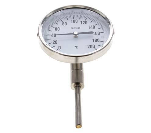 0 bis +200°C Bimetall-Thermometer aus Edelstahl 100mm Gehäuse 63mm Schaftunterseite