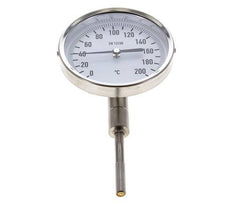 0 bis +200°C Bimetall-Thermometer aus Edelstahl 100mm Gehäuse 63mm Schaftunterseite